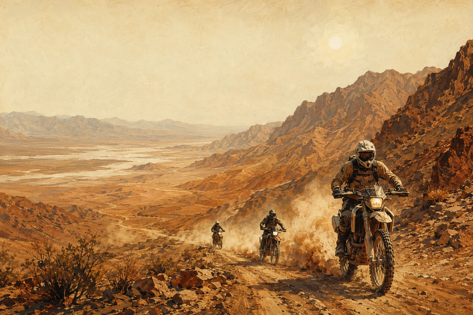 Three dirt bike riders kicking up golden dust on a winding desert track beneath rugged Death Valley mountains, painted like a vintage western film poster.